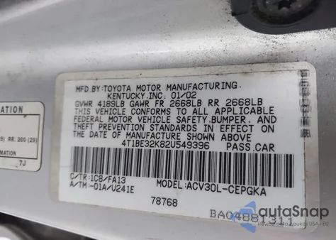 2002 Toyota Camry Xle z USA, uszkodzony, nr VIN 4T1BE32K82U549396